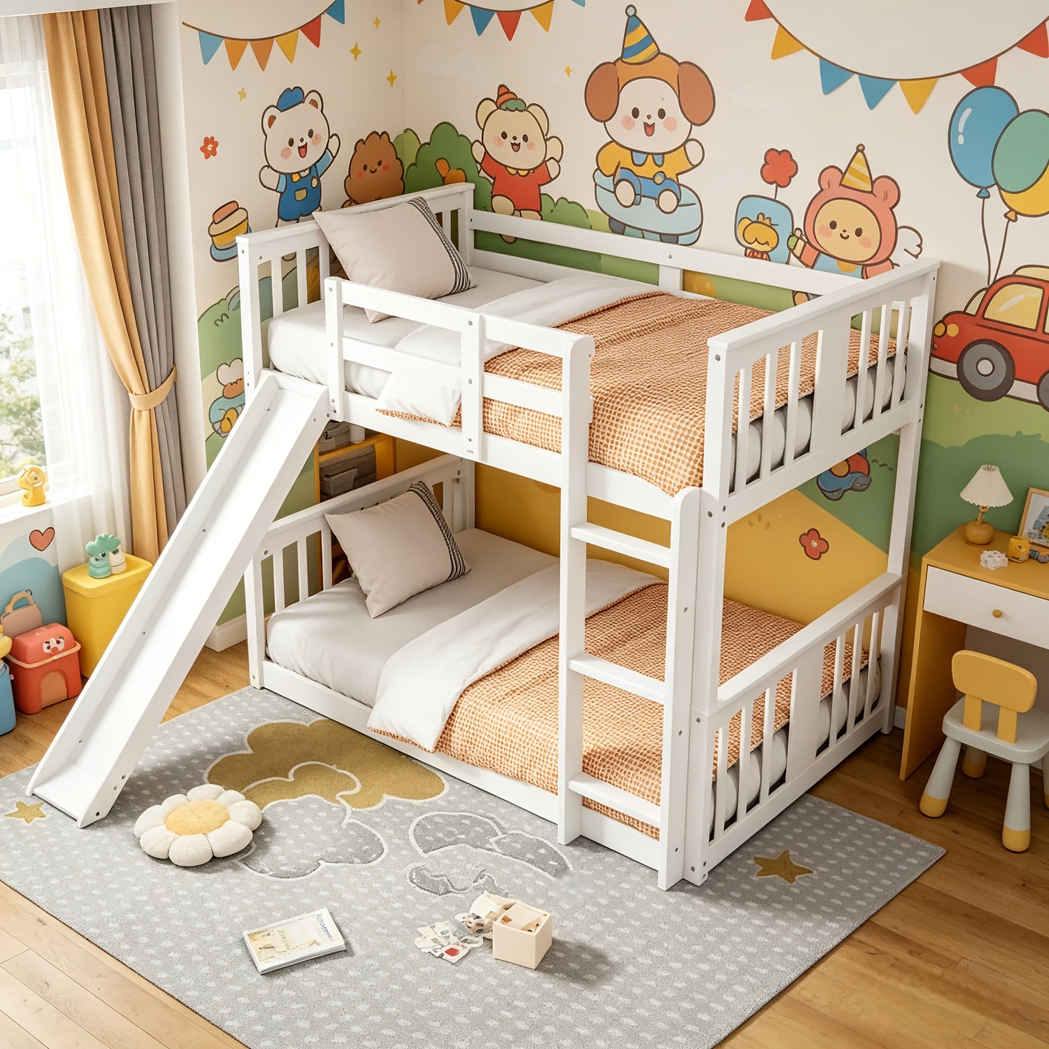 BELLEMAVE 2-in-1 Twin Floor Bunk Bed Frame With Fun Side Ladder, Heavy-Duty Low-Profile Bunk Bed With Full-Length Safety Guardrails, Noise-Reduced Design, No Box Spring Required, Modern Bedroom Furniture For Small Apartments, White