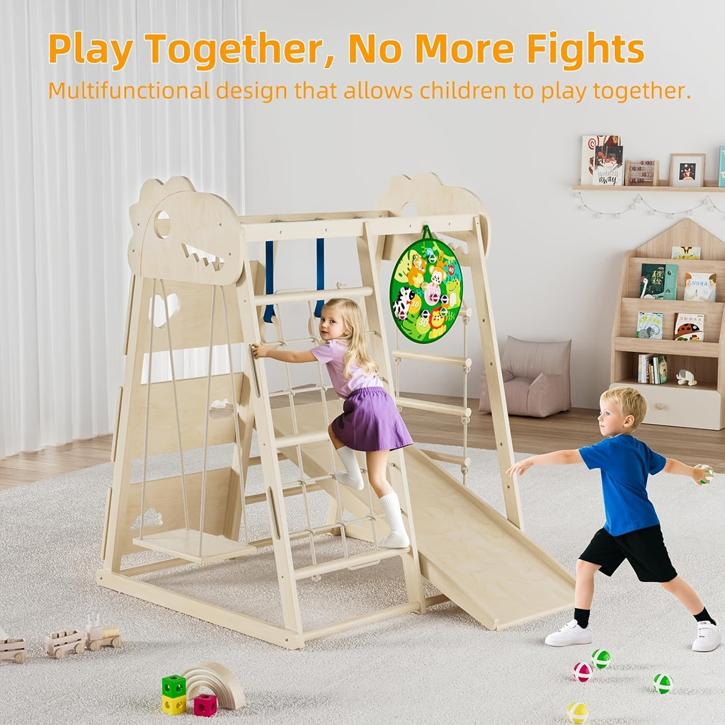 8-in-1 Indoor Playground, Indoor Jungle Gym for Kids, Wooden Climbing Toys with Rings, Slide, Rope Ladder, Monkey Bar, Climbing Net, Climbing Rock, Swing, Dart Board