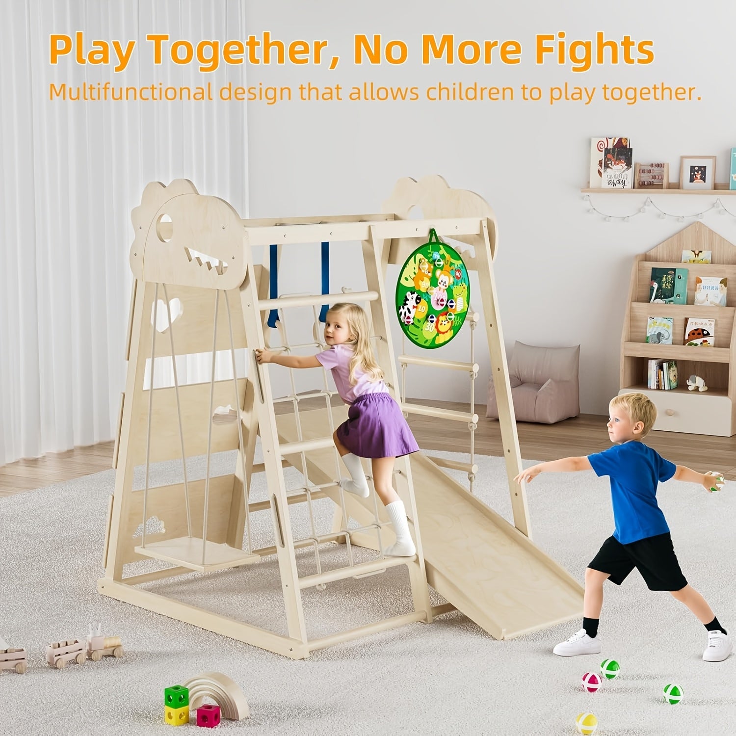 8-in-1 Indoor Playground, Indoor Jungle Gym for Kids, Wooden Climbing Toys with Rings, Slide, Rope Ladder, Monkey Bar, Climbing Net, Climbing Rock, Swing, Dart Board