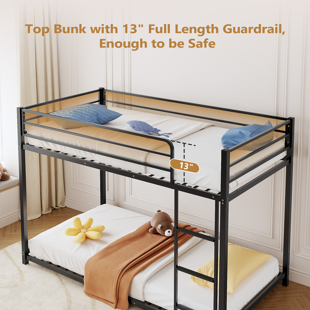 Bunk Bed, Heavy-duty Iron Material, Bunk Bed Frame, Bunk Beds Twin Over Twin for Kids, Space Saving for Small Room&Low Ceiling