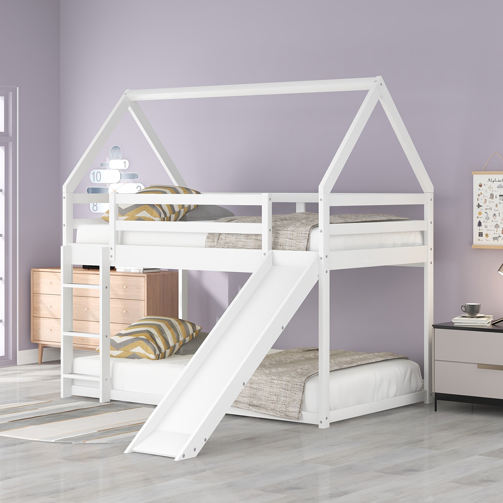 14 Wooden Planks Support The Upper Bed Board, Which Can Bear A Weight Of 250 Pounds. It Is A White Double-decker Slide-style Dormitory Bed, Equipped With A Slide And A Ladder