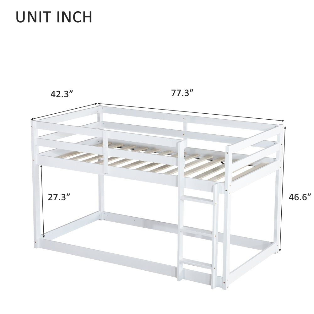 Twin over Twin Bunk Bed with Ladder - Solid Rubber Wood & Composite Wood, Rails, Sturdy 13-Slat Bed Frame, Space-Saving Floor Bed for,, Bedrooms - Easy Assembly, White