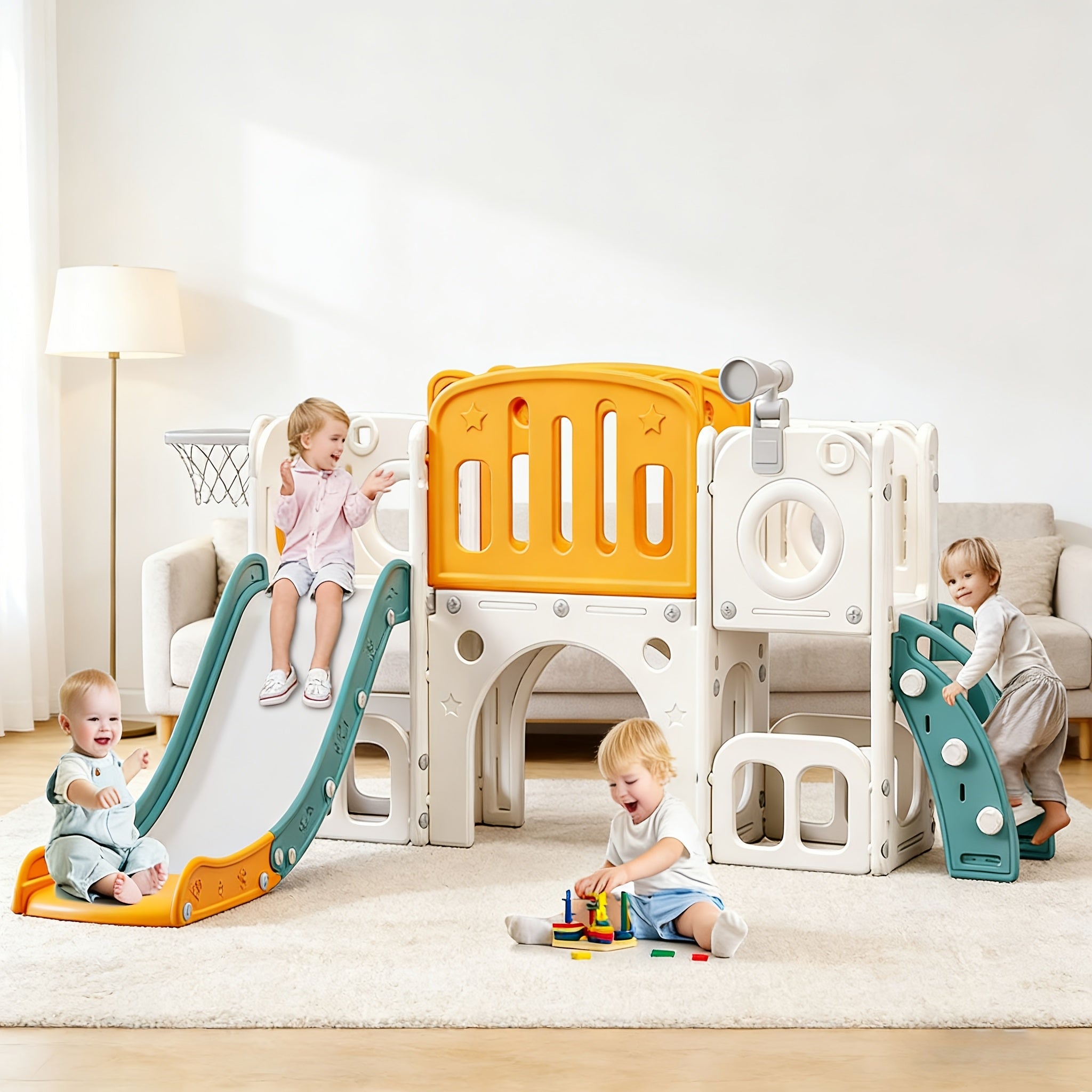 8in 1 Toddler Slide, Kids Climber Slide with Storage Space And Non-Slip Steps, Indoor Outdoor Playset with Basketball Hoopa And Telescope