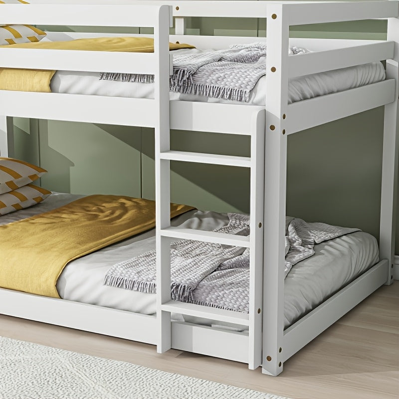 BELLEMAVE Twin Over Twin Low-Profile Bunk Bed Frame With Side Ladder & Full Safety Guardrails, Noise-Reduced Heavy-Duty Bunk Bed, No Box Spring Required, Modern Bedroom Furniture For Small Apartments, White