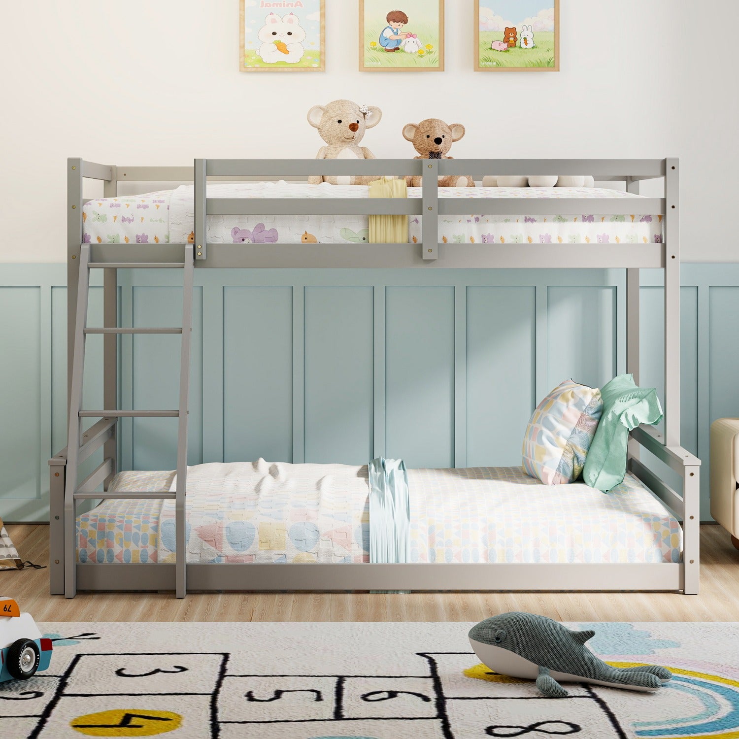 Low Bunk Bed Twin Over Full, Floor Bunk Bed with Ladder, Wooden Bunk Bed with Full Guardrails, Low Bunk Bed Bedroom