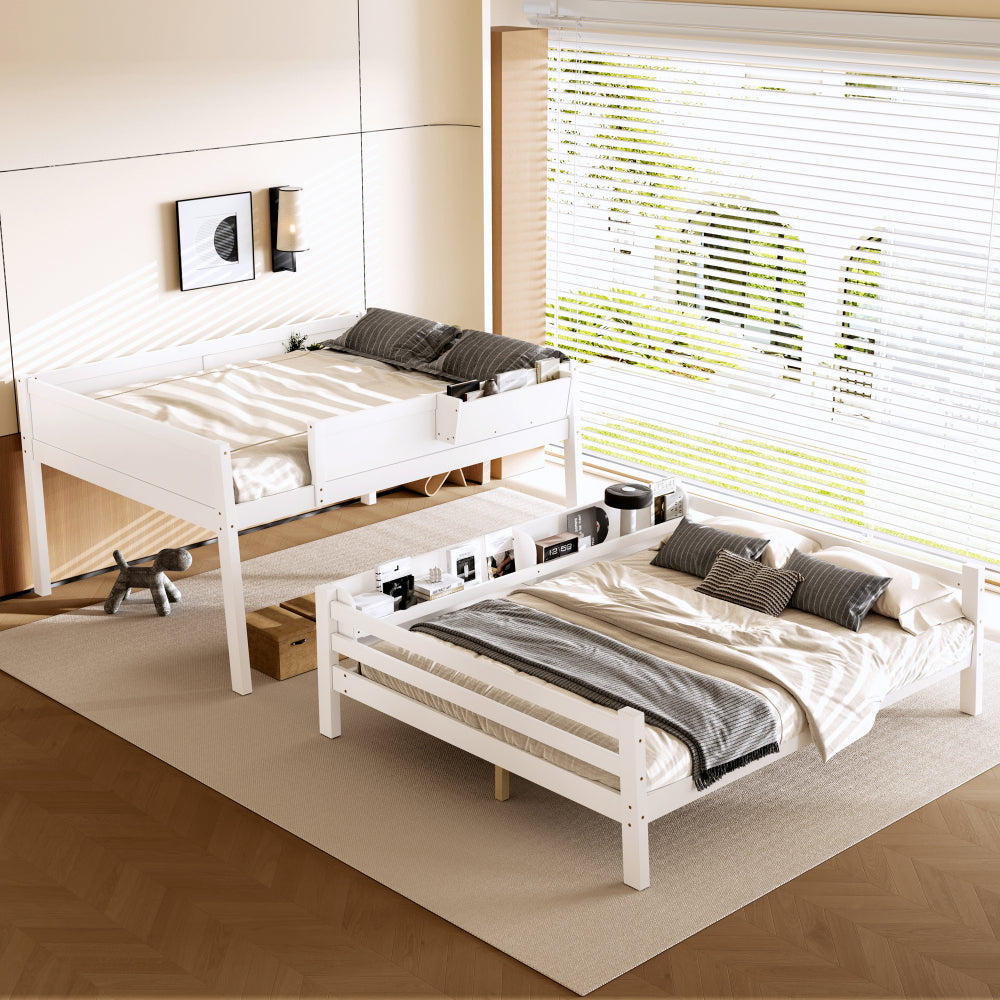 Wooden Bunk Bed Featuring a Storage Shelf And Bookshelf, Equipped with a Ladder And Safety Rails, Designed to Be Detachable, in White Color