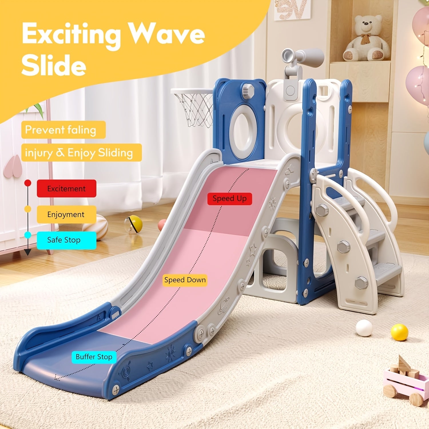 6 In 1 Toddler Playset With Slide, Toddler Slide, Slide For Kids With Basketball Hoop, Ball, Ring Toss, Kids Slide Toddler Playground Toddler Slide Indoor Outdoor Toys