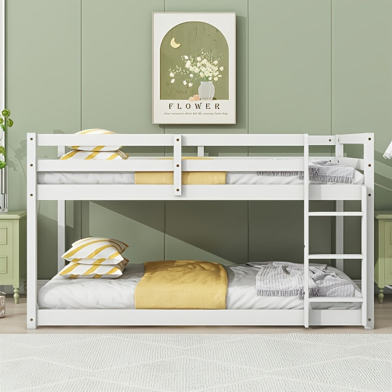 BELLEMAVE Twin Over Twin Low-Profile Bunk Bed Frame With Side Ladder & Full Safety Guardrails, Noise-Reduced Heavy-Duty Bunk Bed, No Box Spring Required, Modern Bedroom Furniture For Small Apartments, White