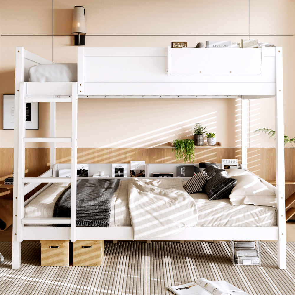 Wooden Bunk Bed Featuring a Storage Shelf And Bookshelf, Equipped with a Ladder And Safety Rails, Designed to Be Detachable, in White Color