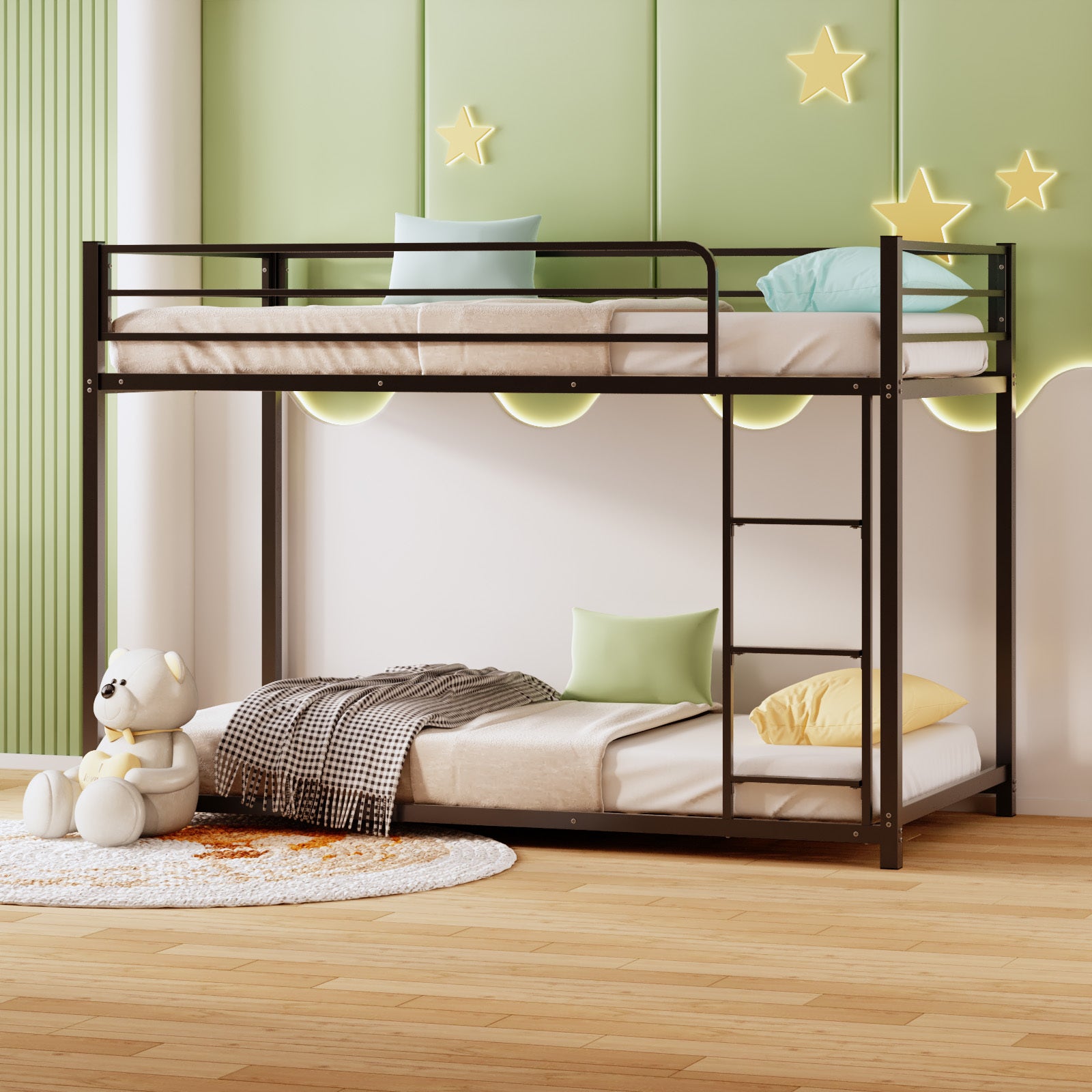 Bunk Bed, Heavy-duty Iron Material, Bunk Bed Frame, Bunk Beds Twin Over Twin for Kids, Space Saving for Small Room&Low Ceiling