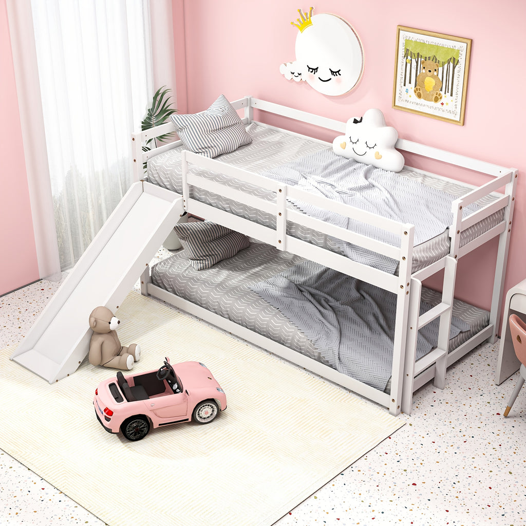 Low Bunk Bed with Slide, Floor Loft Bed with Climbing Ladder, Wood Twin Bunk Bed Frame with Full Guardrails & Storage Space for Youngsters Youngsters