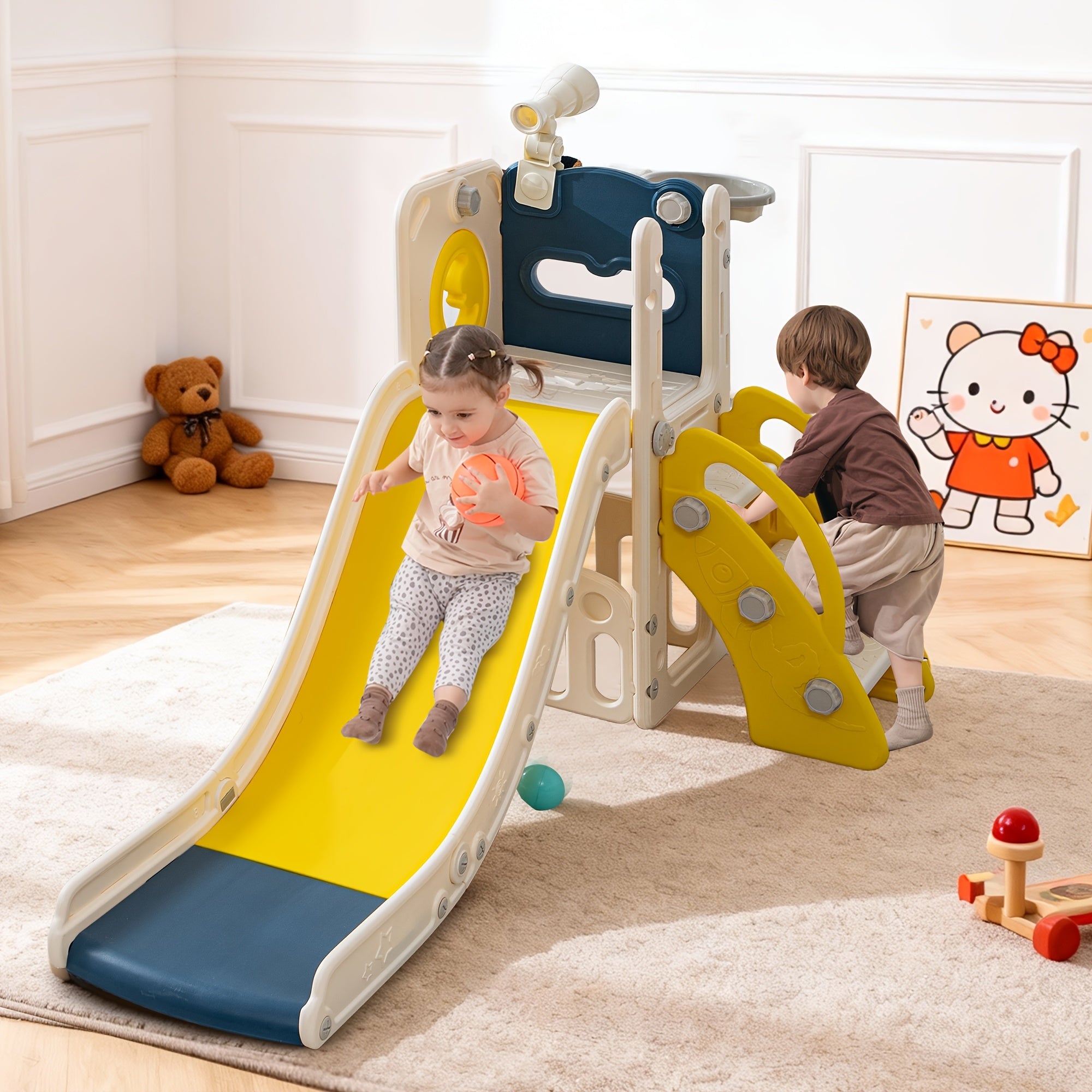 3 In 1 Toddler Slide & Swing Set, Yellow & Blue Indoor Playground With Basketball Hoop, Sturdy Climbing Slide For Kids, Boys Girls Home Play Equipmen
