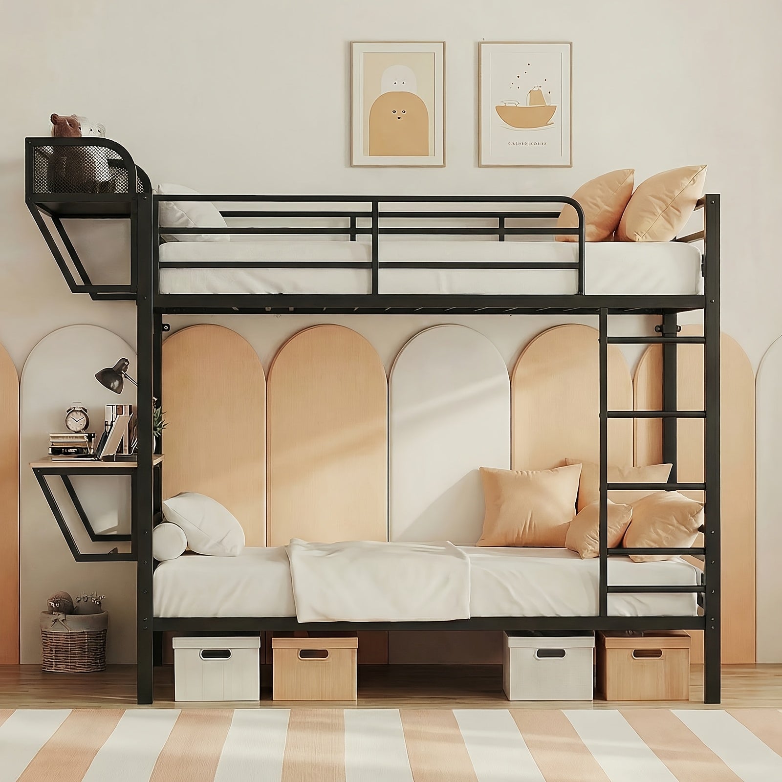 Twin Over Twin Metal Bunk Bed with Charging Station & Desk, Heavy Duty 2-Tier Bed Frame with Safety Guardrail, Stairs & Upper Storage Shelf, Without Mattress, Easy Assembly for Juniors Bedroom, Dorm