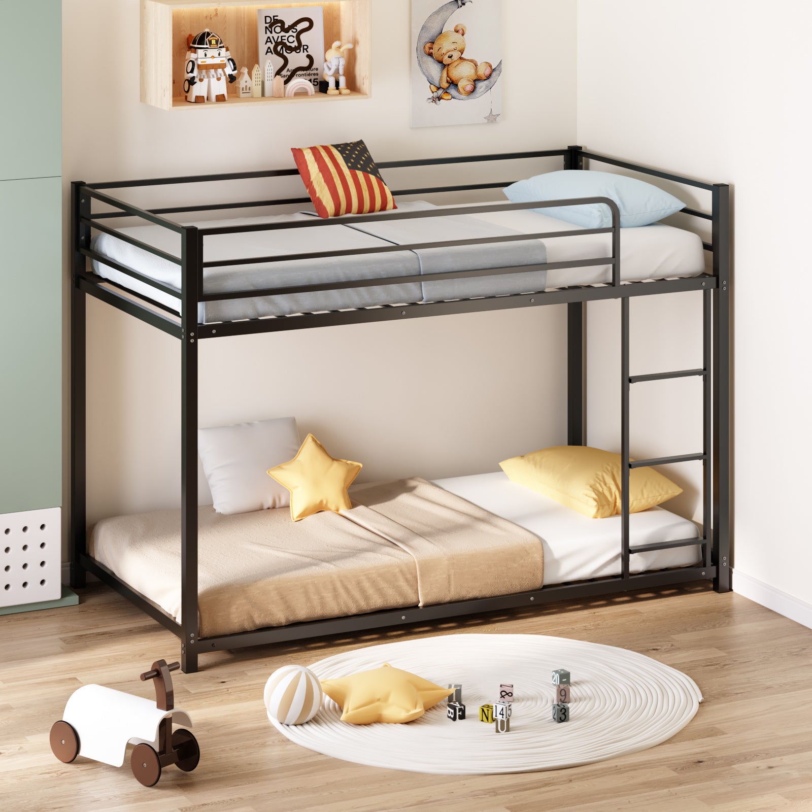 Bunk Bed, Heavy-duty Iron Material, Bunk Bed Frame, Bunk Beds Twin Over Twin for Kids, Space Saving for Small Room&Low Ceiling