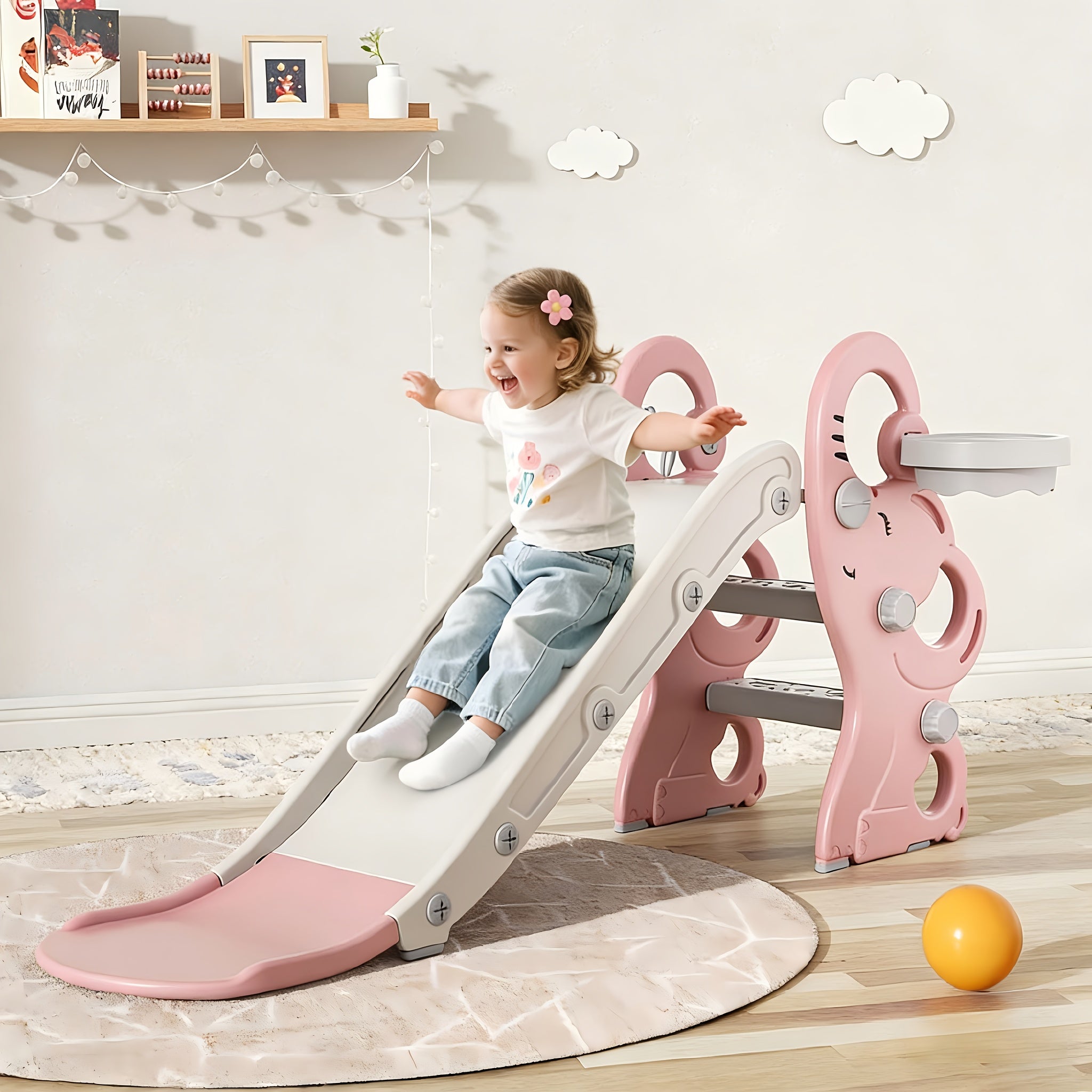 Kids Indoor Outdoor Playset With Basketball Hoop & Ring Toss | Foldable Baby Plastic Slide, Outdoor Playground Climber Slide, Safer And More Joyful, A Great Gift For Kids, Mixed Color, Pe Material, Brand: Slendor