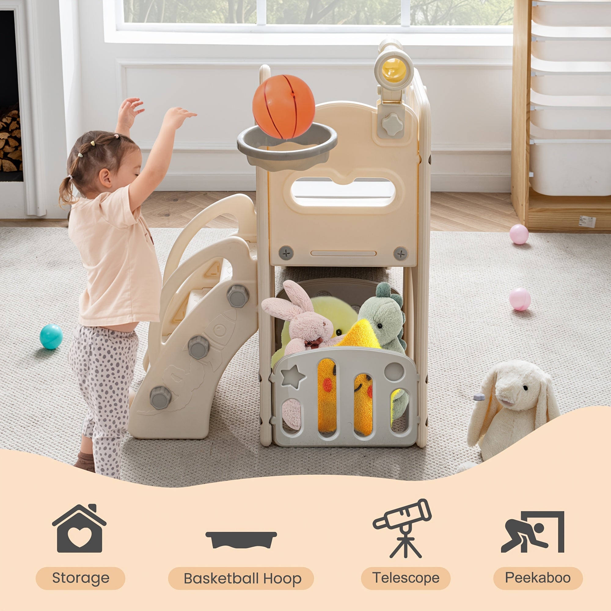 3 In 1 Toddler Slide & Swing Set, Yellow & Blue Indoor Playground With Basketball Hoop, Sturdy Climbing Slide For Kids, Boys Girls Home Play Equipmen