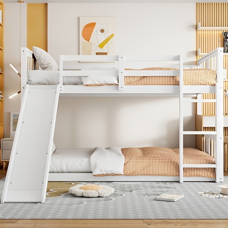 BELLEMAVE 2-in-1 Twin Floor Bunk Bed Frame With Fun Side Ladder, Heavy-Duty Low-Profile Bunk Bed With Full-Length Safety Guardrails, Noise-Reduced Design, No Box Spring Required, Modern Bedroom Furniture For Small Apartments, White