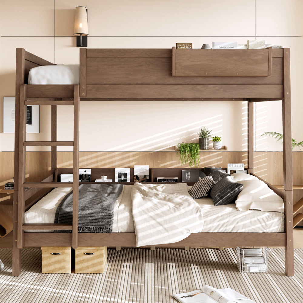 Wooden Bunk Bed Featuring a Storage Shelf And Bookshelf, Equipped with a Ladder And Safety Rails, Designed to Be Detachable, in White Color