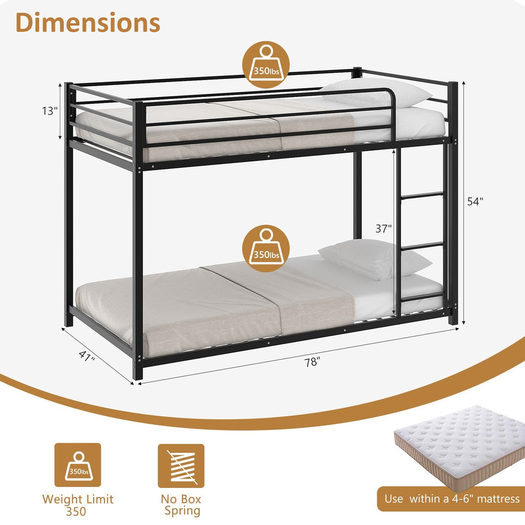 Bunk Bed, Heavy-duty Iron Material, Bunk Bed Frame, Bunk Beds Twin Over Twin for Kids, Space Saving for Small Room&Low Ceiling