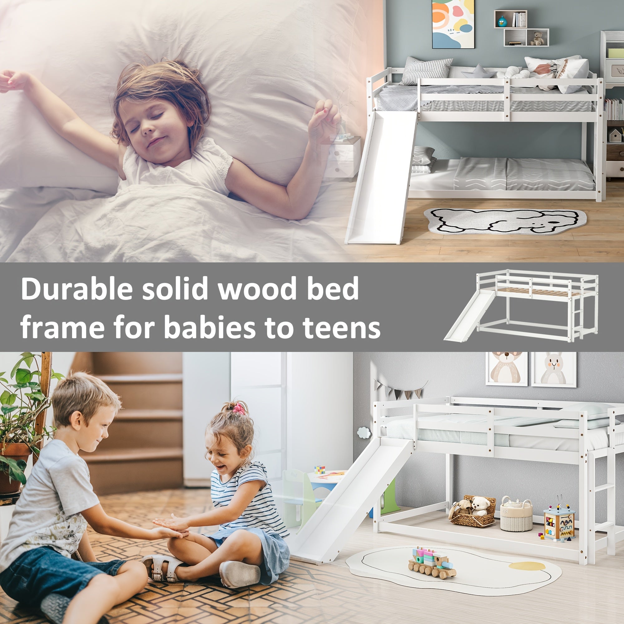 Low Bunk Bed with Slide, Floor Loft Bed with Climbing Ladder, Wood Twin Bunk Bed Frame with Full Guardrails & Storage Space for Youngsters Youngsters