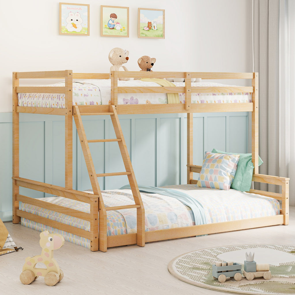 Low Bunk Bed Twin Over Full, Floor Bunk Bed with Ladder, Wooden Bunk Bed with Full Guardrails, Low Bunk Bed Bedroom