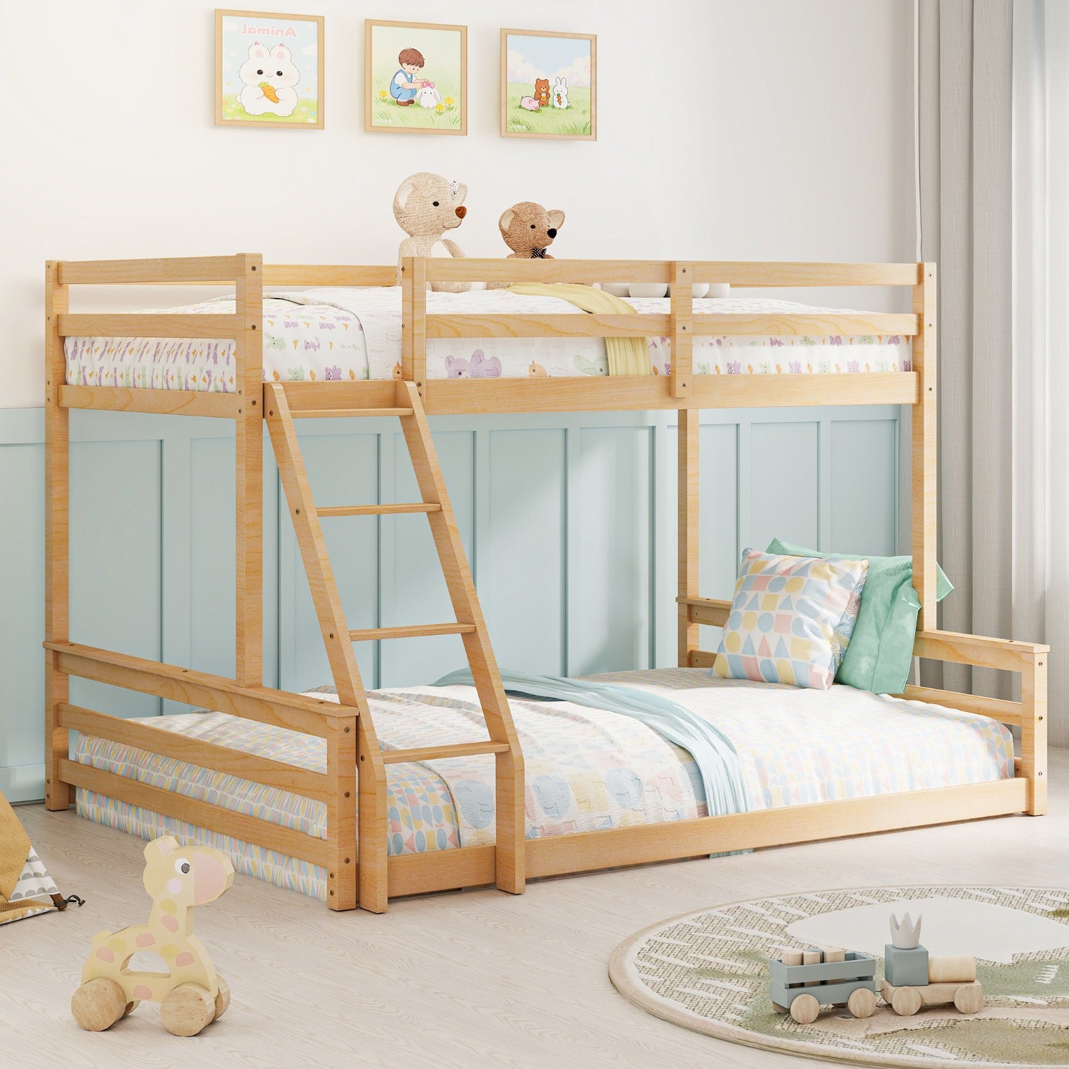 Low Bunk Bed Twin Over Full, Floor Bunk Bed with Ladder, Wooden Bunk Bed with Full Guardrails, Low Bunk Bed Bedroom