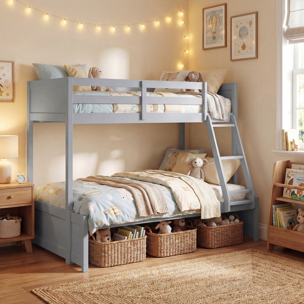 COSTWAY Twin Over Full Bunk Bed with 3-Step Ladder, Solid Wood Bunk Bed with Full-Length Guardrails and 21 Support Slats, Bed Frame with Pine Wood Posts for Teens, Kids, Adults, Dormitory and Apartment