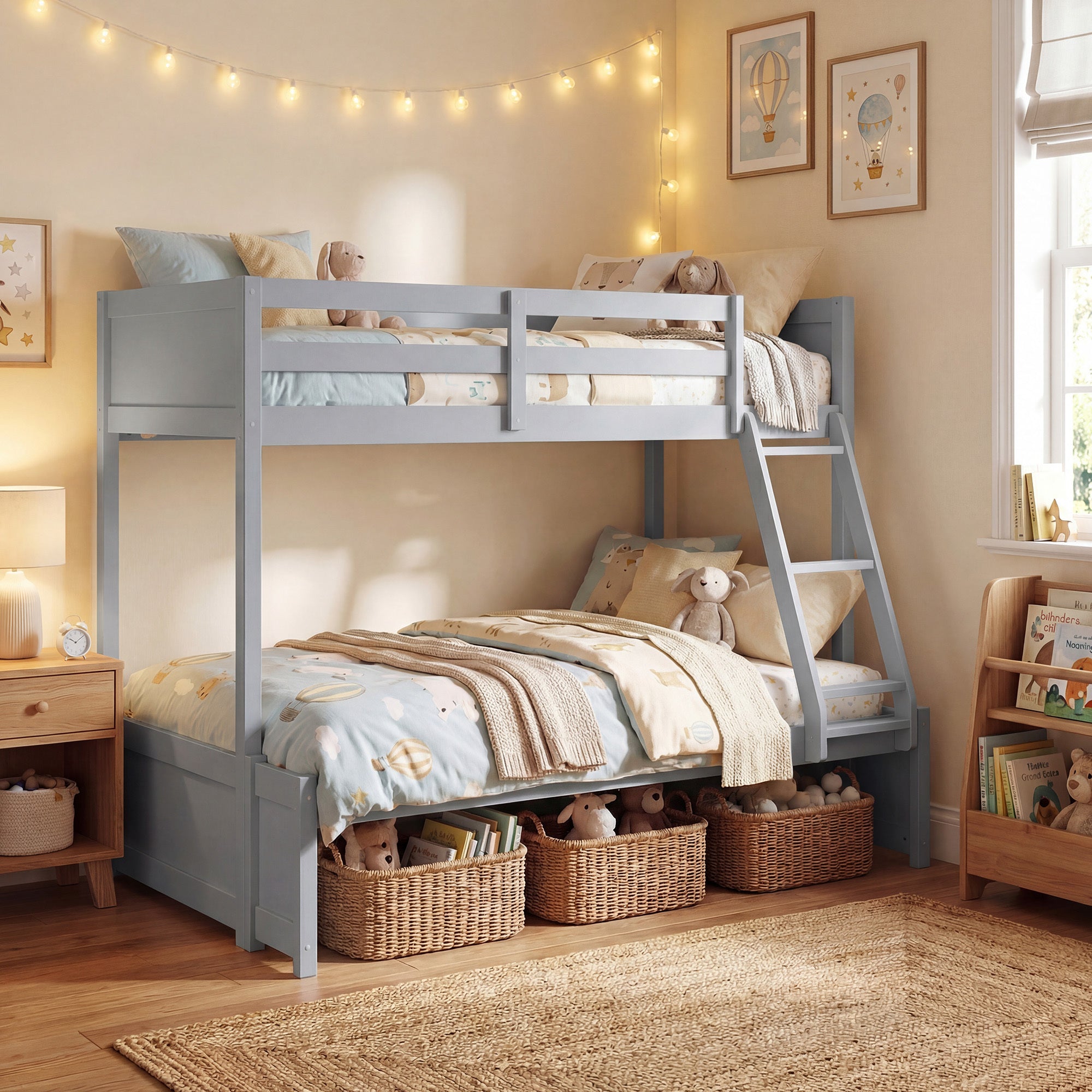 COSTWAY Twin Over Full Bunk Bed with 3-Step Ladder, Solid Wood Bunk Bed with Full-Length Guardrails and 21 Support Slats, Bed Frame with Pine Wood Posts for Teens, Kids, Adults, Dormitory and Apartment