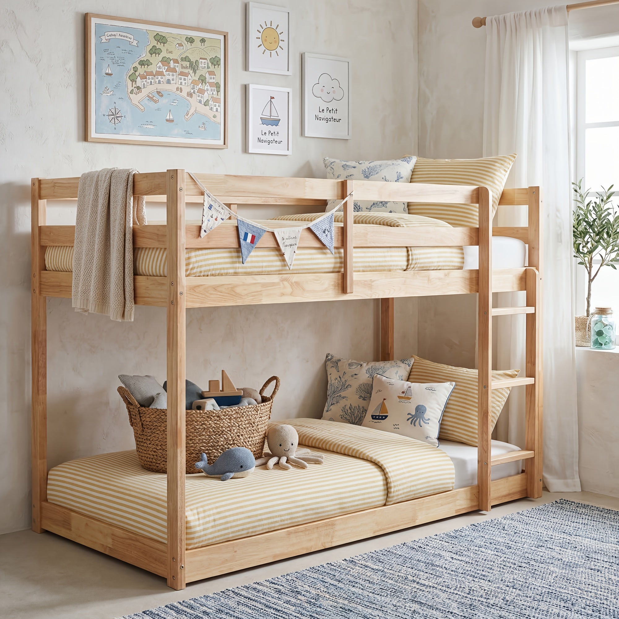 Twin Low Bunk Bed, Solid Rubber Wood Twin Over Twin Bunk Bed Frame with Full Guardrails And Integrated Ladder, Upper And Bottom Bed, No Box Spring Needed