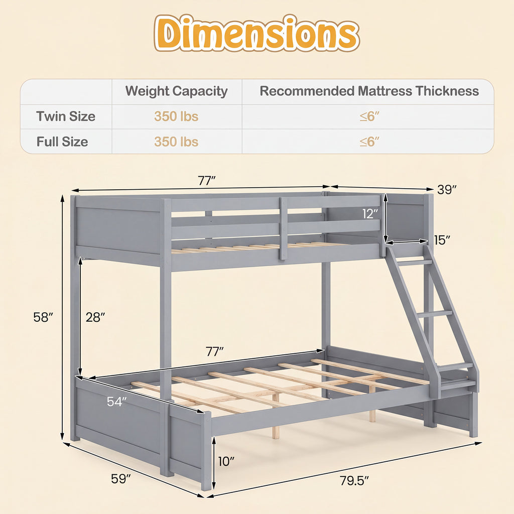 COSTWAY Twin Over Full Bunk Bed with 3-Step Ladder, Solid Wood Bunk Bed with Full-Length Guardrails and 21 Support Slats, Bed Frame with Pine Wood Posts for Teens, Kids, Adults, Dormitory and Apartment