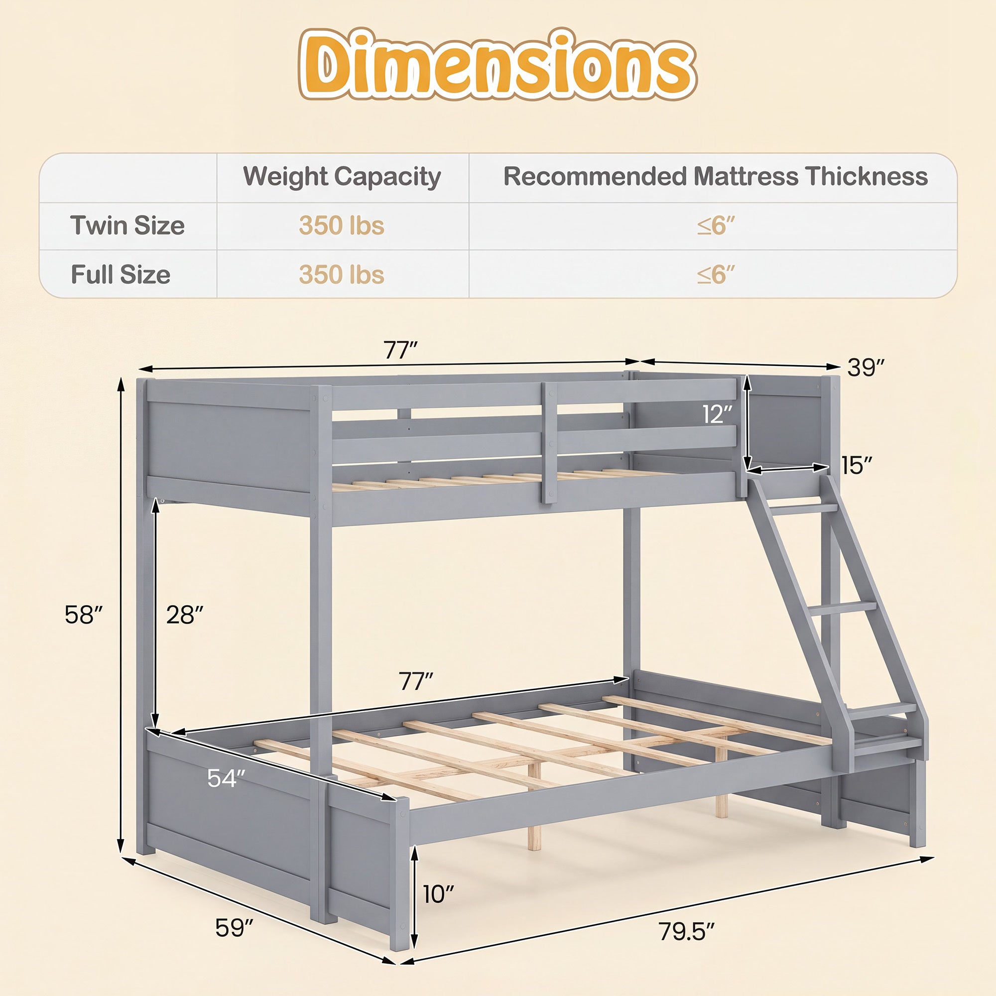 COSTWAY Twin Over Full Bunk Bed with 3-Step Ladder, Solid Wood Bunk Bed with Full-Length Guardrails and 21 Support Slats, Bed Frame with Pine Wood Posts for Teens, Kids, Adults, Dormitory and Apartment