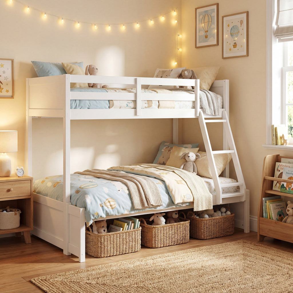 COSTWAY Twin Over Full Bunk Bed with 3-Step Ladder, Solid Wood Bunk Bed with Full-Length Guardrails and 21 Support Slats, Bed Frame with Pine Wood Posts for Teens, Kids, Adults, Dormitory and Apartment