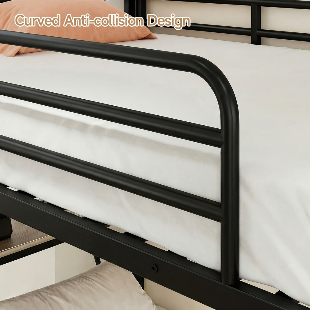 Twin Over Twin Metal Bunk Bed with Power Outlets And Desk, Heavy-Duty Bunk Bed Frame with Safety Guardrail And Ladders, Upper Storage Rack, No Box Spring Needed, Without Mattress for Junior Bedroom, Dorm