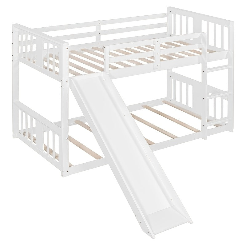 BELLEMAVE 2-in-1 Twin Floor Bunk Bed Frame With Fun Side Ladder, Heavy-Duty Low-Profile Bunk Bed With Full-Length Safety Guardrails, Noise-Reduced Design, No Box Spring Required, Modern Bedroom Furniture For Small Apartments, White