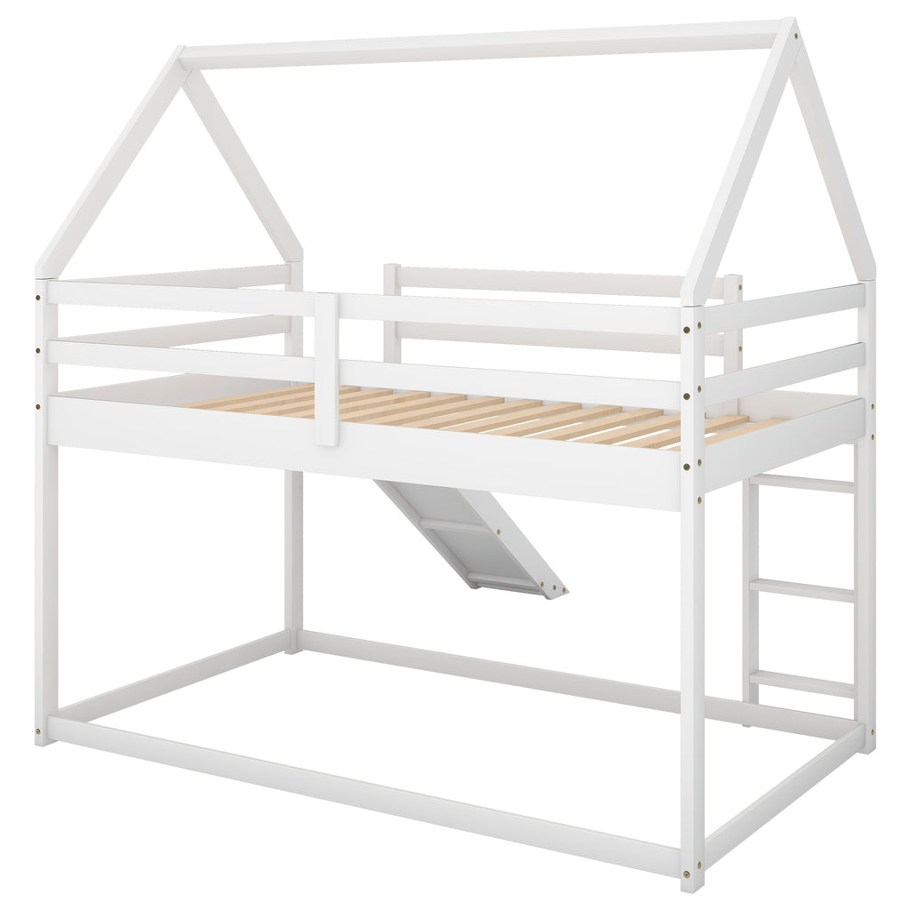 14 Wooden Planks Support The Upper Bed Board, Which Can Bear A Weight Of 250 Pounds. It Is A White Double-decker Slide-style Dormitory Bed, Equipped With A Slide And A Ladder
