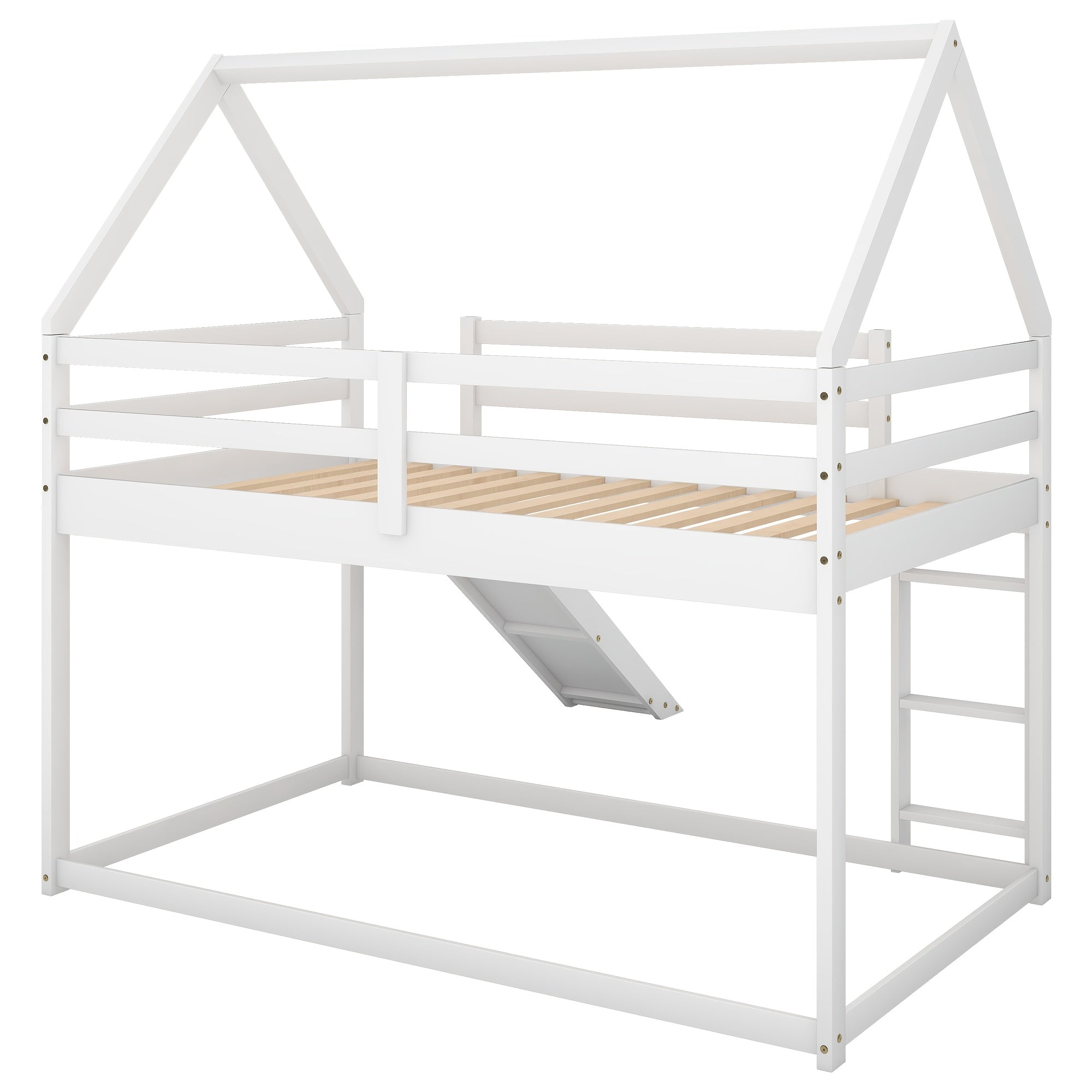 14 Wooden Planks Support The Upper Bed Board, Which Can Bear A Weight Of 250 Pounds. It Is A White Double-decker Slide-style Dormitory Bed, Equipped With A Slide And A Ladder