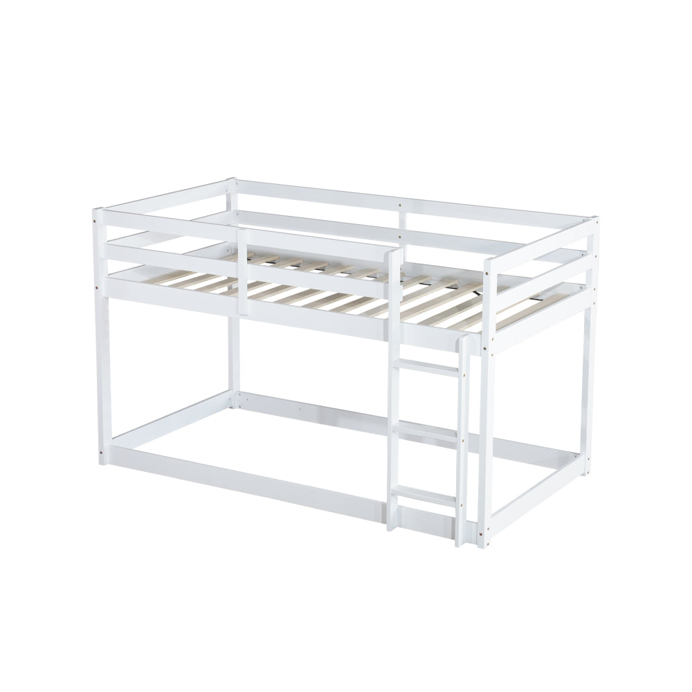 Twin over Twin Bunk Bed with Ladder - Solid Rubber Wood & Composite Wood, Rails, Sturdy 13-Slat Bed Frame, Space-Saving Floor Bed for,, Bedrooms - Easy Assembly, White