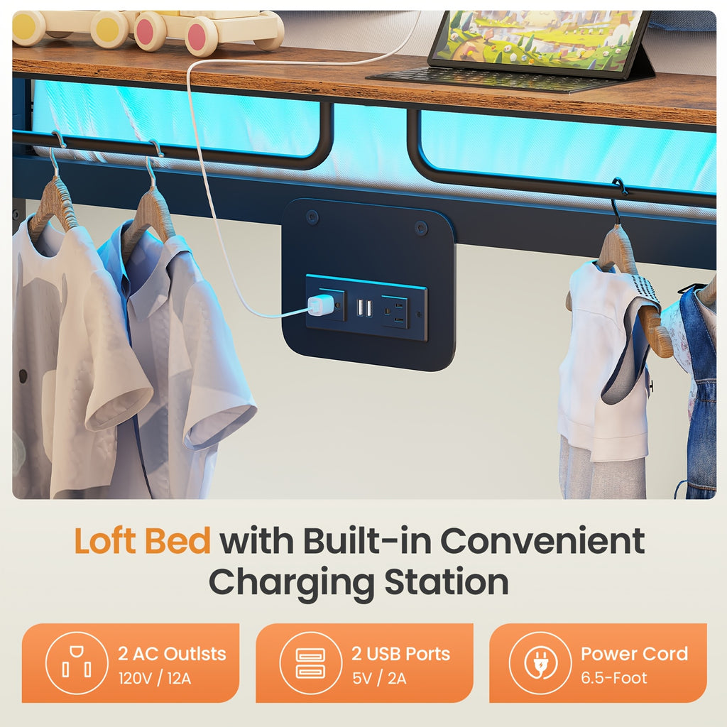 Twin Size Metal Bunk Bed Twin Over Twin With Hall Tree, Power Outlet, LED Bunk Bed With 4 Storage Drawers, Bed With Safety Guardrail & Ladders, No Box Spring Needed, Easy Assembly, Rustic Brown