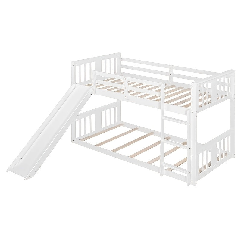 BELLEMAVE 2-in-1 Twin Floor Bunk Bed Frame With Fun Side Ladder, Heavy-Duty Low-Profile Bunk Bed With Full-Length Safety Guardrails, Noise-Reduced Design, No Box Spring Required, Modern Bedroom Furniture For Small Apartments, White