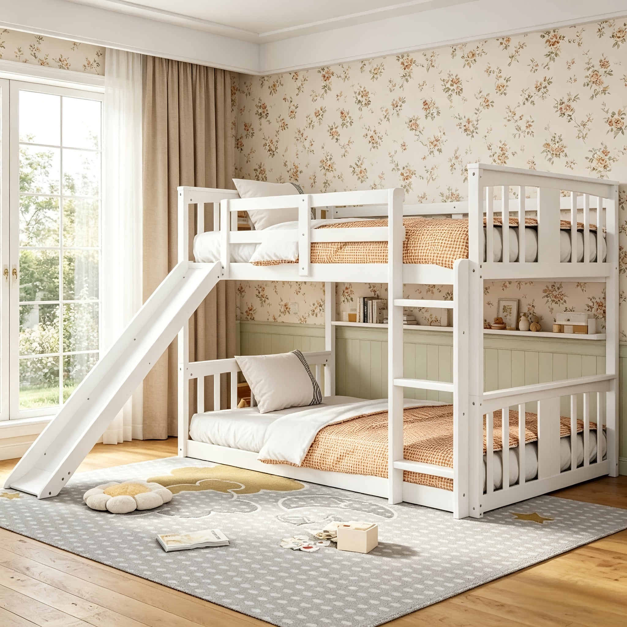 BELLEMAVE 2-in-1 Twin Floor Bunk Bed Frame With Fun Side Ladder, Heavy-Duty Low-Profile Bunk Bed With Full-Length Safety Guardrails, Noise-Reduced Design, No Box Spring Required, Modern Bedroom Furniture For Small Apartments, White