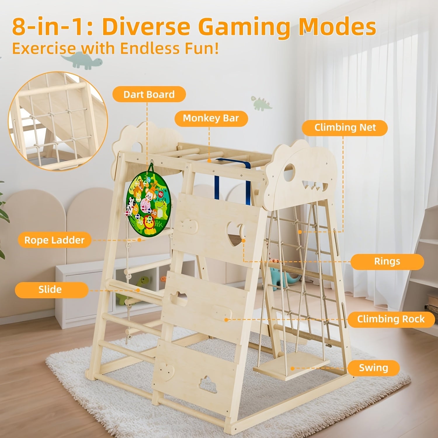 8-in-1 Indoor Playground, Indoor Jungle Gym for Kids, Wooden Climbing Toys with Rings, Slide, Rope Ladder, Monkey Bar, Climbing Net, Climbing Rock, Swing, Dart Board