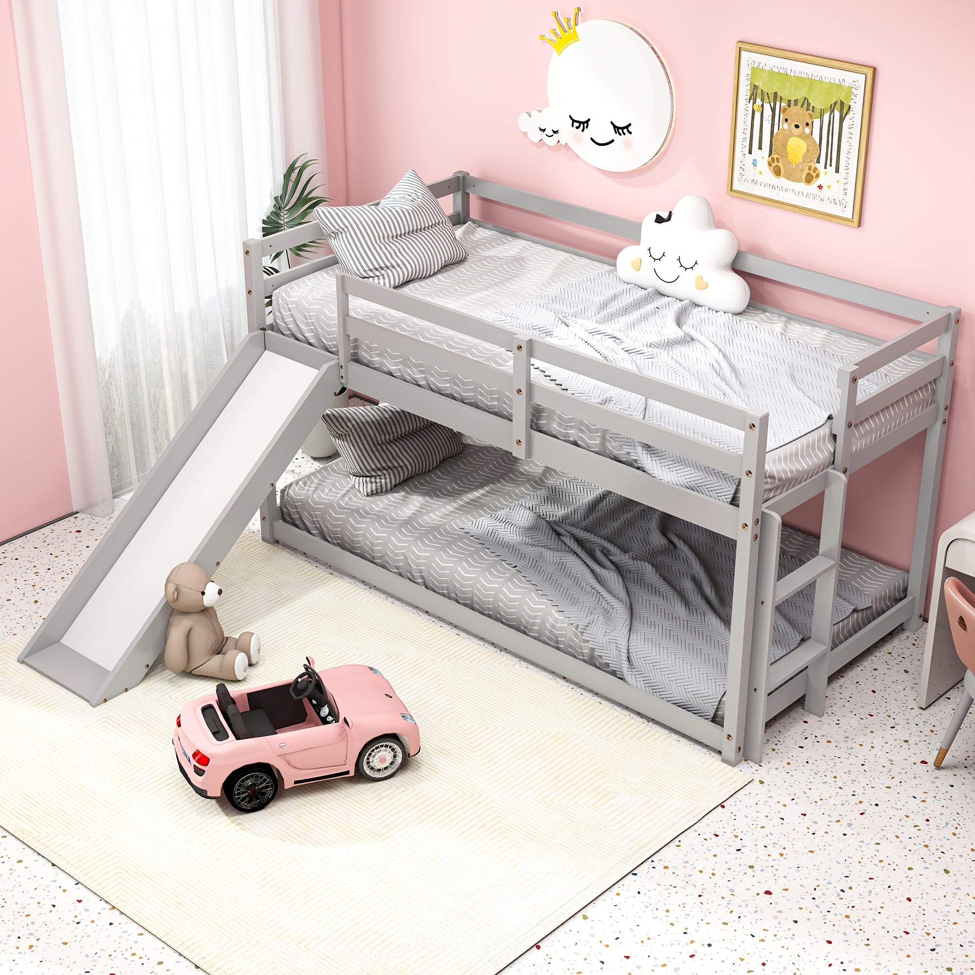 Low Bunk Bed with Slide, Floor Loft Bed with Climbing Ladder, Wood Twin Bunk Bed Frame with Full Guardrails & Storage Space for Youngsters Youngsters
