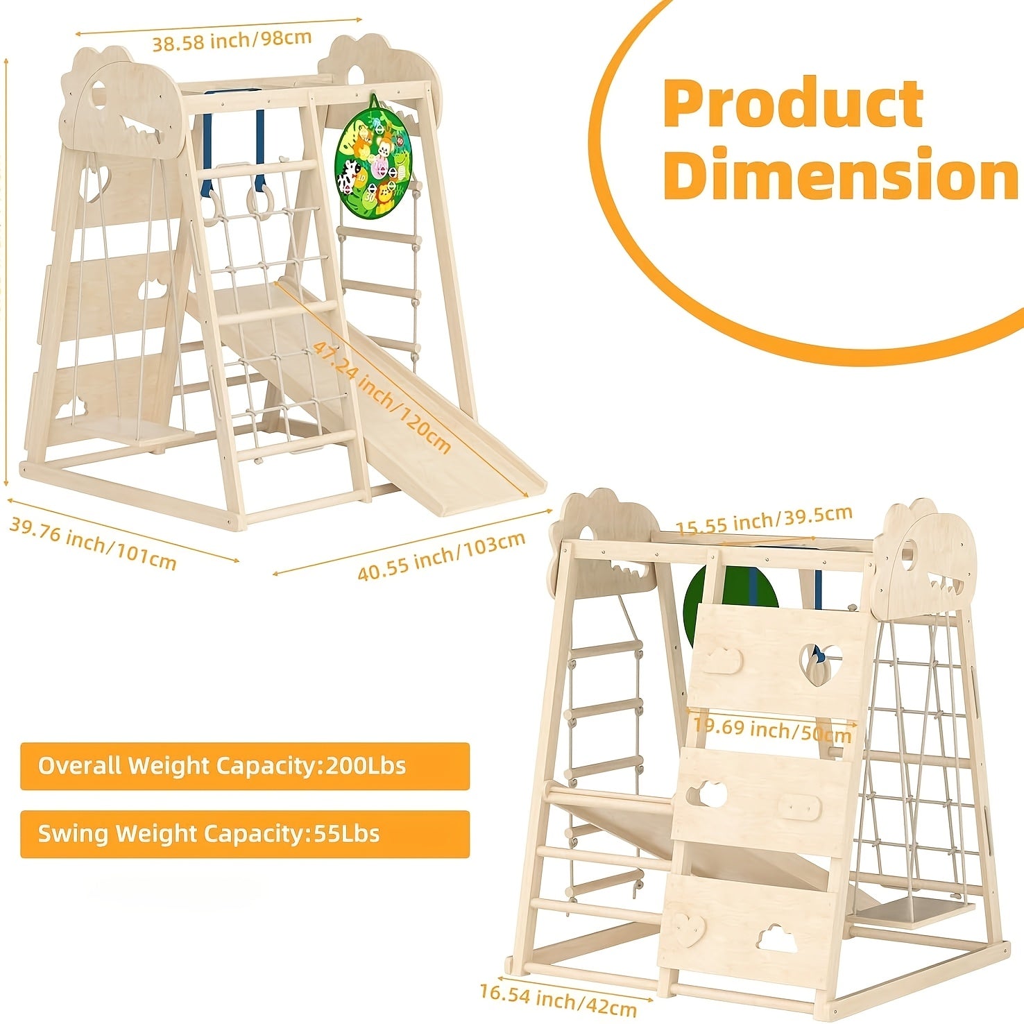 8-in-1 Indoor Playground, Indoor Jungle Gym for Kids, Wooden Climbing Toys with Rings, Slide, Rope Ladder, Monkey Bar, Climbing Net, Climbing Rock, Swing, Dart Board