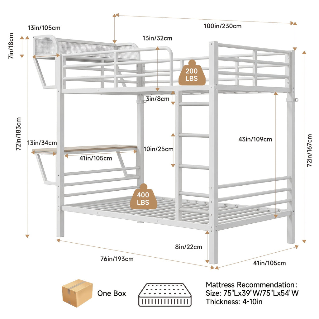 Twin Over Twin Metal Bunk Bed with Charging Station & Desk, Heavy Duty 2-Tier Bed Frame with Safety Guardrail, Stairs & Upper Storage Shelf, Without Mattress, Easy Assembly for Juniors Bedroom, Dorm