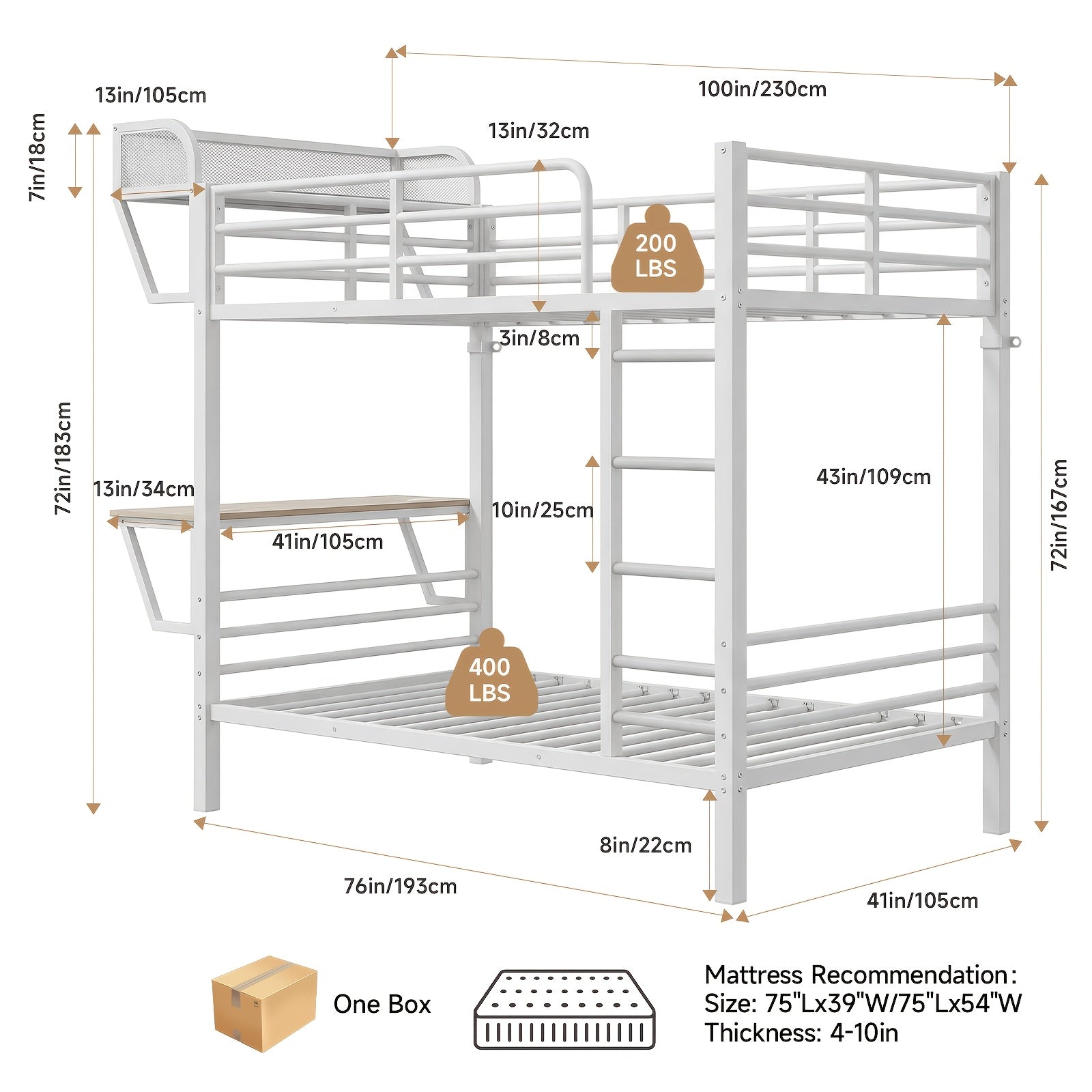 Twin Over Twin Metal Bunk Bed with Charging Station & Desk, Heavy Duty 2-Tier Bed Frame with Safety Guardrail, Stairs & Upper Storage Shelf, Without Mattress, Easy Assembly for Juniors Bedroom, Dorm