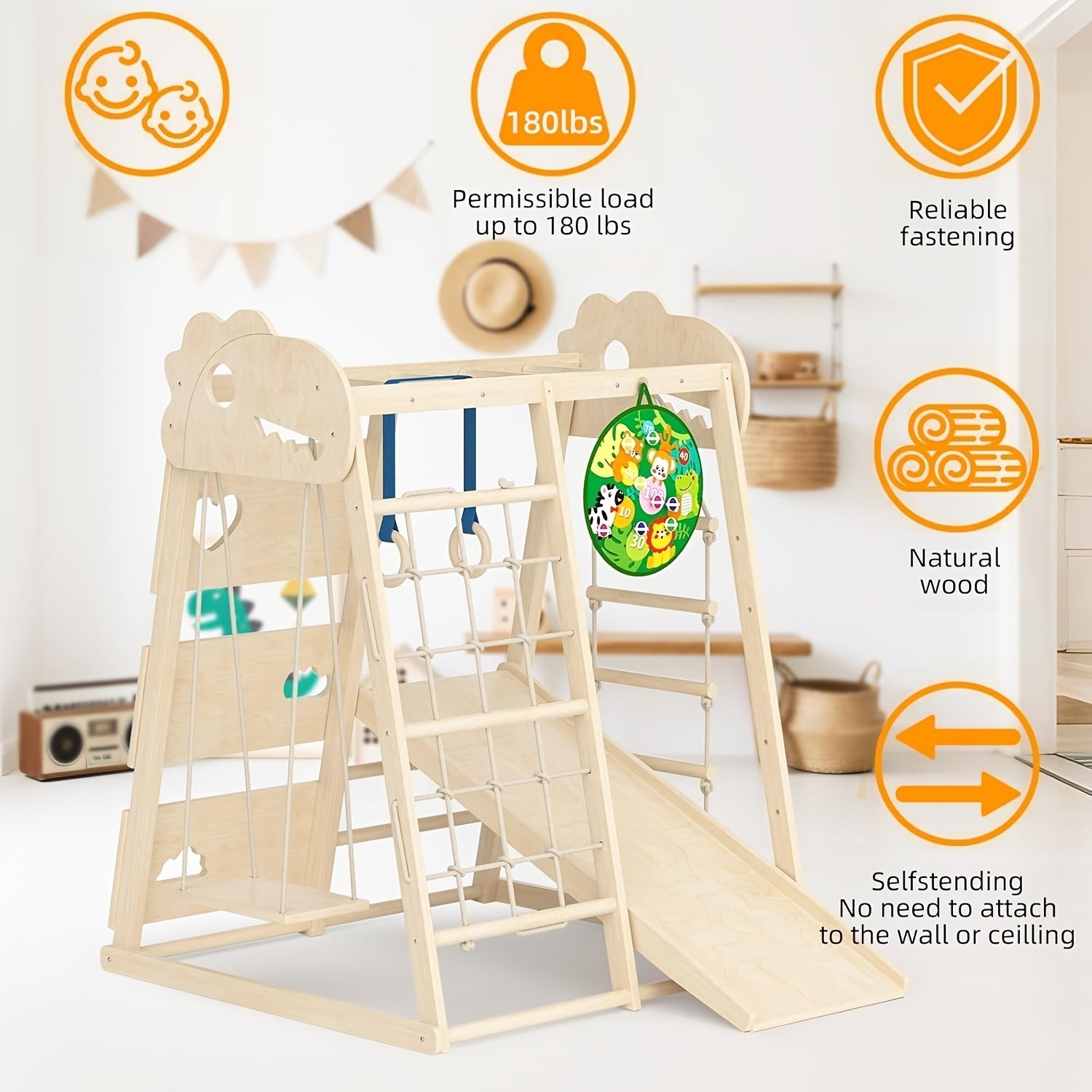 8-in-1 Indoor Playground, Indoor Jungle Gym for Kids, Wooden Climbing Toys with Rings, Slide, Rope Ladder, Monkey Bar, Climbing Net, Climbing Rock, Swing, Dart Board