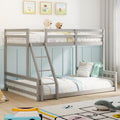 Low Bunk Bed Twin Over Full, Floor Bunk Bed with Ladder, Wooden Bunk Bed with Full Guardrails, Low Bunk Bed Bedroom