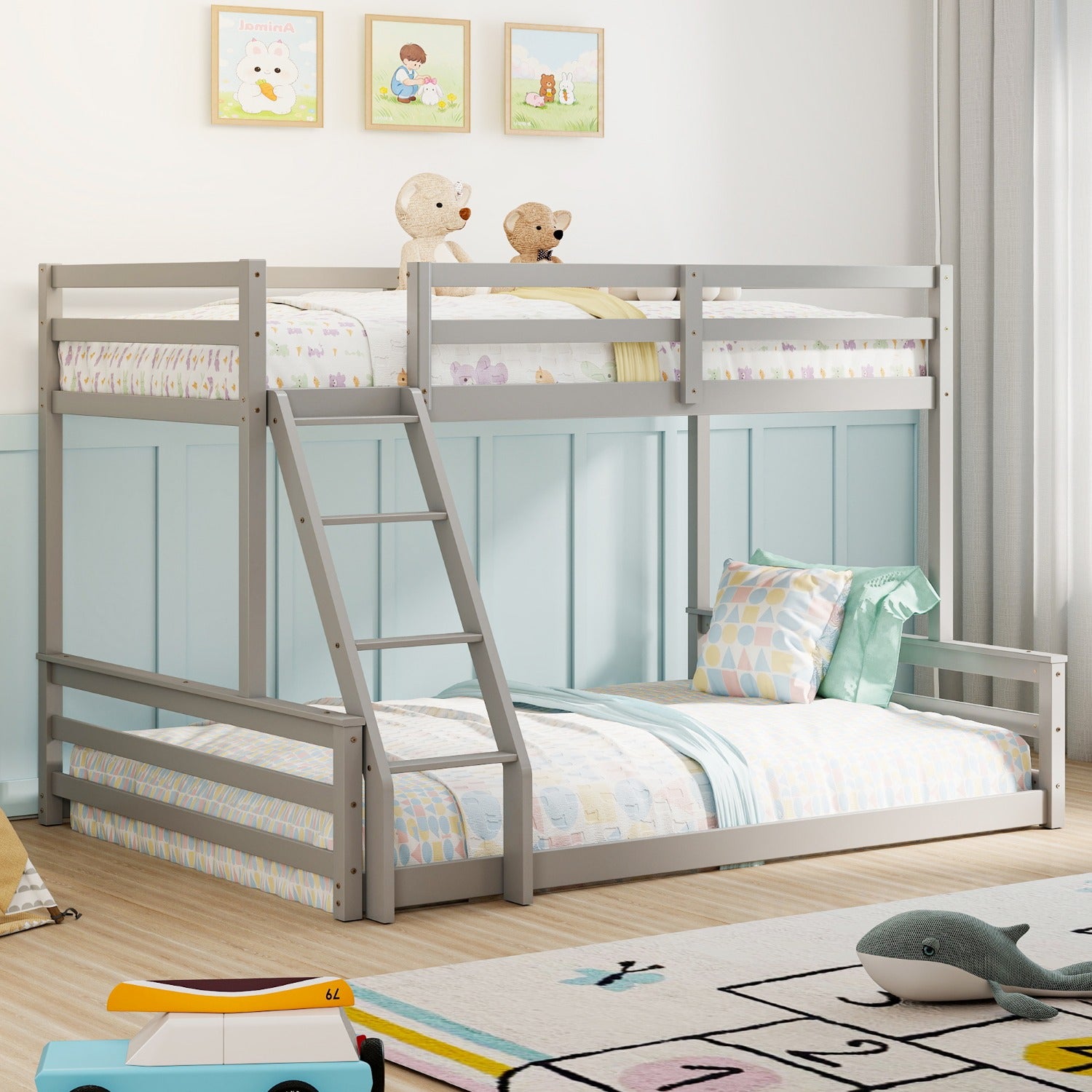 Low Bunk Bed Twin Over Full, Floor Bunk Bed with Ladder, Wooden Bunk Bed with Full Guardrails, Low Bunk Bed Bedroom