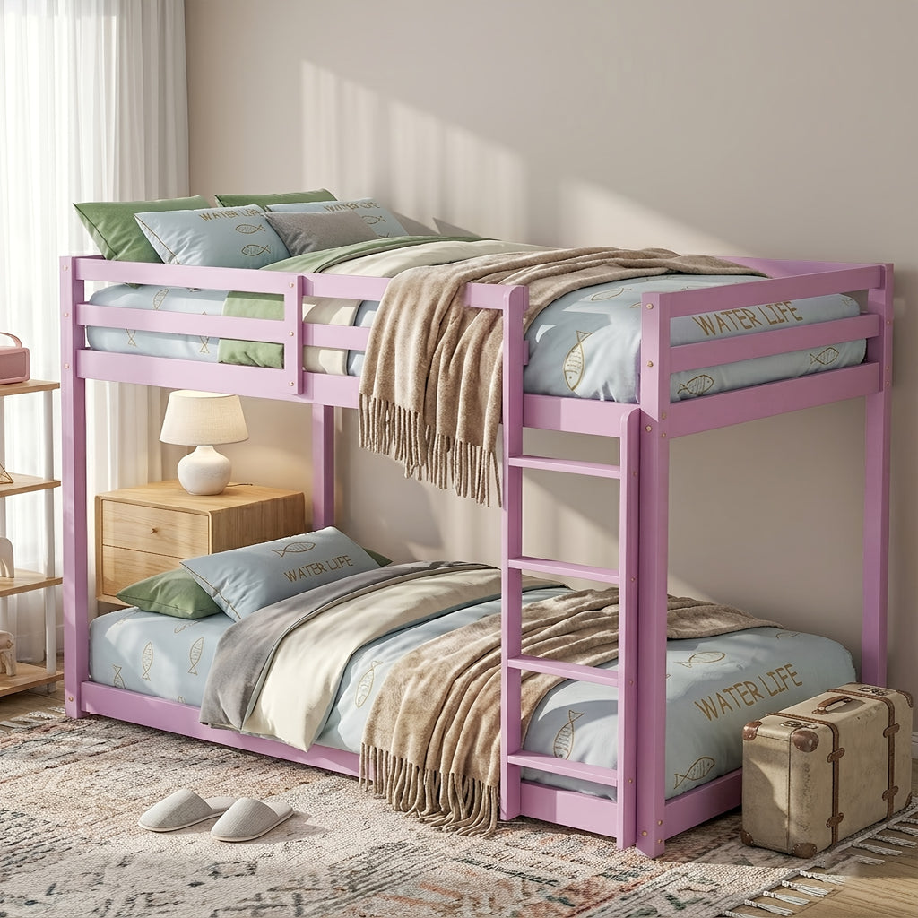 Twin Low Bunk Bed, Solid Rubber Wood Twin Over Twin Bunk Bed Frame with Full Guardrails And Integrated Ladder, Upper And Bottom Bed, No Box Spring Needed