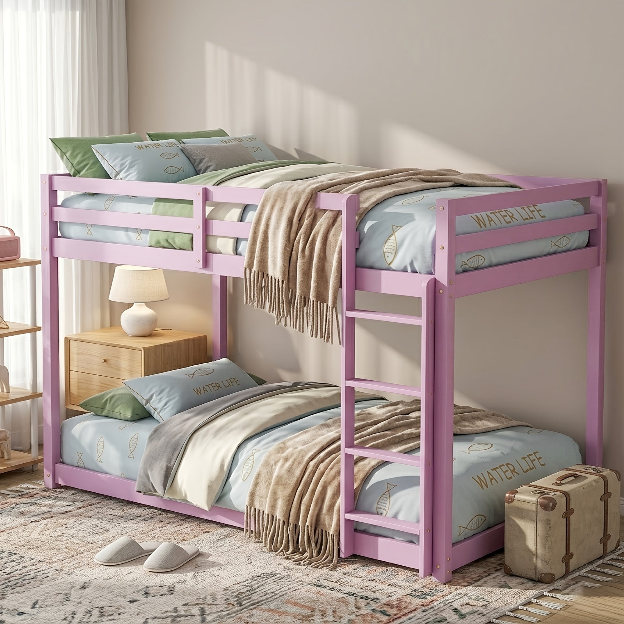 Twin Low Bunk Bed, Solid Rubber Wood Twin Over Twin Bunk Bed Frame with Full Guardrails And Integrated Ladder, Upper And Bottom Bed, No Box Spring Needed